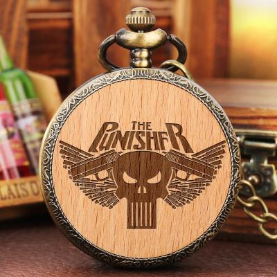 China Death Reaper Custom Laser Engraved Vintage Wooden Chain Clock Punisher Punisher Skull Slice Steampunk Vintage Quartz Pendant Pocket Watch for sale