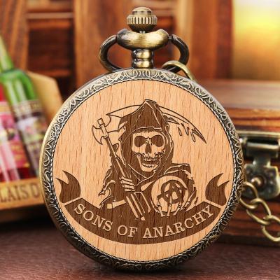 China Death Reaper Customized Quartz Wood Watch Men Antique Art Half Hunter Chain Clock Slice Metal Case Old Skull Watches For Son Of Anarchy for sale