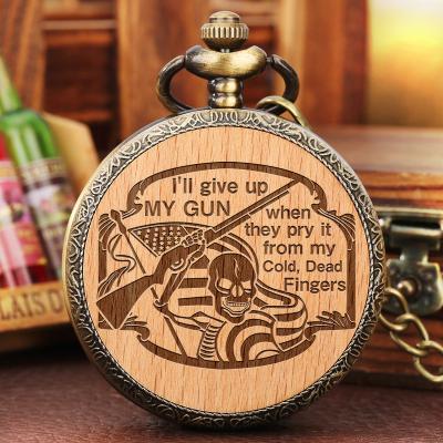 China Quartz Watch With Necklace Chain I Will Forsake My Gun Skull USA Flag Engraved Wood Slice Quartz Watches Old Vintage Antique Custom Pocket Watch With Key Chain for sale