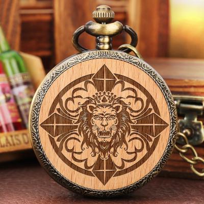 China Quartz Watch with Bronze Jewelry Reloj Steampunk Necklace Chain Pocket Clock Retro Cut Out Pocket Watch Howling Lion Wood Slice Pendant Personalized for Women Men for sale