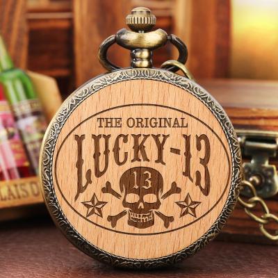 China Quartz Watch with Custom Engraved Slice Carved Lucky Wooden Quartz 13 Patterns Necklace Chain Skull Head Watches Analog Pocket Watch Pocket Watch with Chain for sale