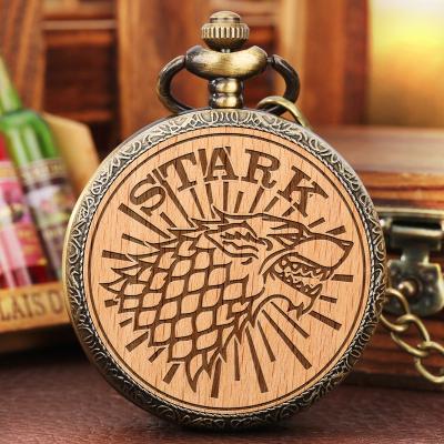 China Quartz Watch with Necklace Chain Vintage Quartz Clocks Wooden Slice Watch Family Wolf Customized Design Engraved Pocket Rigid Watch with Chain for sale