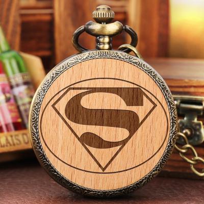 China Quartz Watch With Necklace Chain Wooden Slice Opens Pocket Clock Engraved Logo Superhero Pendant Quartz Keychain Custom Pocket Watch For Man for sale