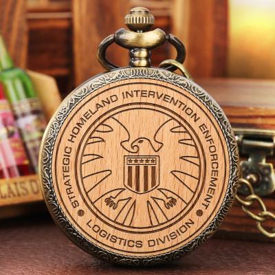 China Quartz Watch with Necklace Chain Antique Pocket Clock Key Chain Custom Your Wooden Slice Quartz Steampunk Pendant Pocket Watch for Agents of the Shield S.H.I.E.L.D. for sale