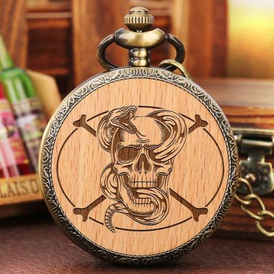 China Quartz Watch with Necklace Chain Halloween Gift Antique Vintage Brass Chain Pocket Clock Engraved Wooden Half Hunter Skeleton Snake Skull Head Quartz Pocket Watch for sale