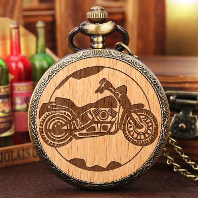 China Quartz Watch With Necklace Chain Metal Alloy Chain Antique Bronze Clock Watch Carved Motorcycle Quartz Movement Wood Pocket Watches for sale