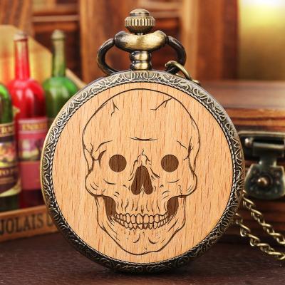 China Quartz Watch With Necklace Chain Fashion Mens Pocket Watches Wooden Skeleton Skull Design Quartz Steampunk Engraved Key Pocket Watch With Chain for sale