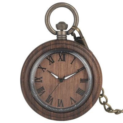 China Modern Wholesale Custom Luminous Indicators Dark Brown Ebony Wood Quartz Pocket Watch for sale