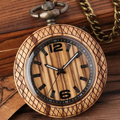 China Pocket Watch Wood Vintage Pendant Clock Carved Pattern Analog Quartz Watches Reloj De Bolsillo Wood Pocket Watch With Chain FOB For Man for sale