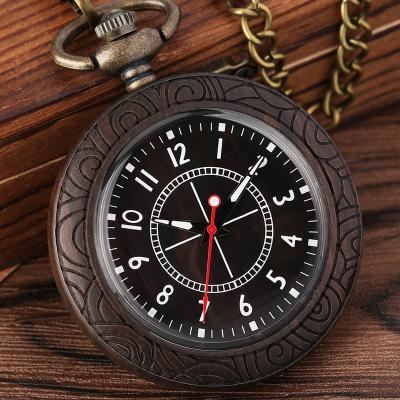 China Wooden Handmade Wooden Pocket Clock Watch Arabic Numeral Index Quartz Analog Pocket Watch With Key Chain for sale