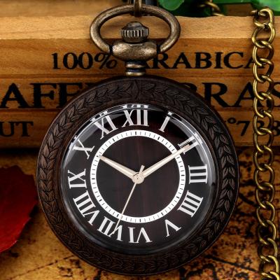 China Wholesale Quartz Wood Pocket Watch Pendant Reloj De Bolsillo Custom-made Roman Numerals Display Antique Vintage Wooden Pocket Watch With Chain for sale