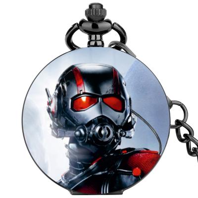 China Custom Printed Black Chain Pendant Roman Pocket Watch For Cosplay Ant Series Cool Men's Superhero Watch Quartz Clock Gift for sale