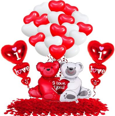 China Indoor Outdoor Romantic Decoration Teddy Bear I Love U Heart Script Foil Balloons Rose Facric Petals Heart Red Latex Balloons For Valentine's Day Decorate for sale