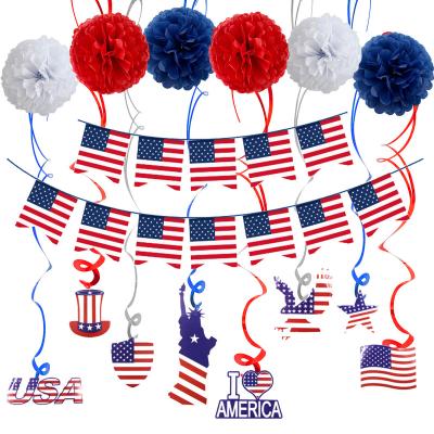 China Newest American Independence Day Party Decoration Set Paper Flower Balls Pull Flag Pendants for sale