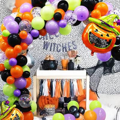 China Purple Black Orange and Green Balloon Garland Arch Pumpkin Foil Balloon New Design Halloween Festival Decoration Pick Party Decoration for sale