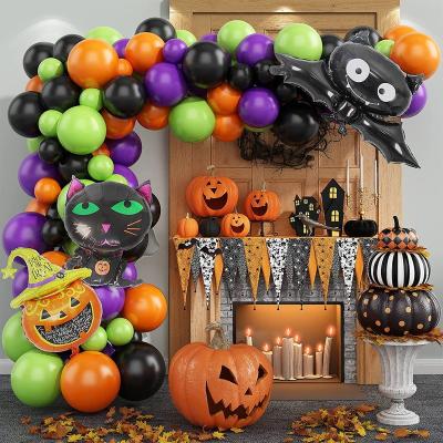 China Festival Decoration Selection New Design Black Orange Purple Happy Halloween Party Decorations And Green Balloon Arch Pumpkin Bat Cat Foil Balloons for sale