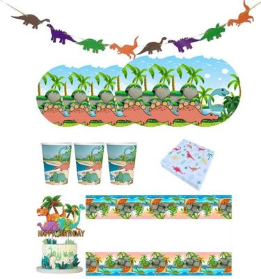 China Forest Dinosaurs Theme Kids Birthday Paper Party Tableware Wall Decoration Set Dinosaurs Banner Hanging Swirls Tableware Paper Package for sale