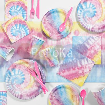 China Birthday Party Decoration Supplies Tie Dye Theme Happy Birthday Party Tableware Decoration Set Colorful Banner Paper Plate Cup Napkins for sale