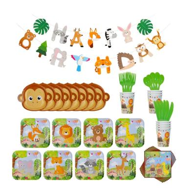 China Forest Animals Pattern Party Tableware Cartoon Paper Plates Party Tableware Background Wall Decoration Set Monkey Dishes For Birthday Party Supplies for sale