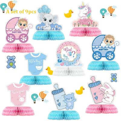 China Paper Gender Reveal 9-Piece Set Paper Table Decorations Honeycomb Centerpieces For Boy Or Girl Party for sale