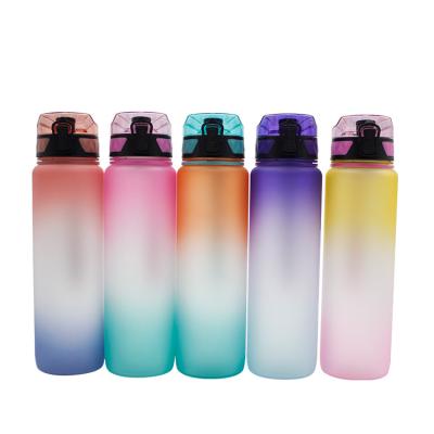 China Custom Viable Logo Free Portable Gym Time Marker Motivational Water Bottles Gradient Tritan Water Bottle 1000ml Bpa With Straw for sale