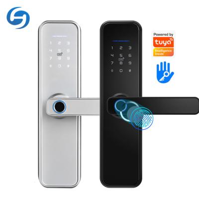 China Office OEM waterproof electric fingerprint alexa enable smart wifi tuya app control mortise front wood door lock for sale