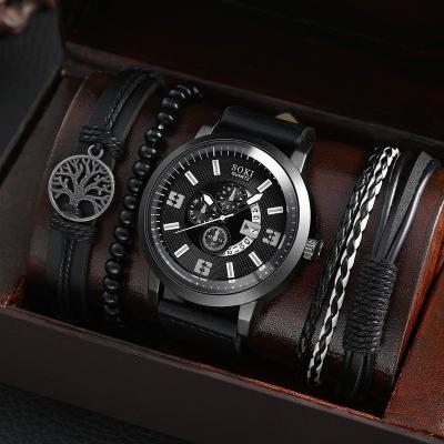 China Auto Date Men's Business Watch Set Gift box woven bracelet fashion hollowed out leather quartz watches for sale