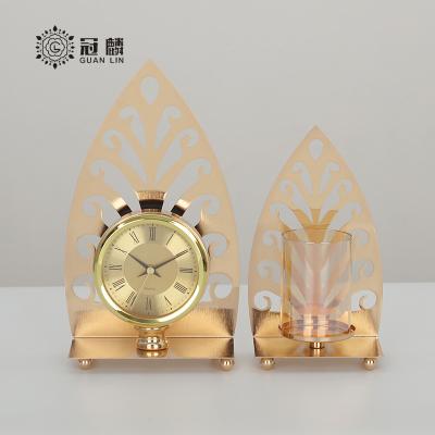 China Wholesale Luxury Candlelight Romantic Stain Metal Table Candlestick Candle Holder Stand and Clock Set for sale