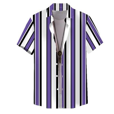 China Summer Breathable Men Shirts Hawaiian Short Sleeve Work Striped Print Blouse Men Casual Men Button Up Shirt for sale