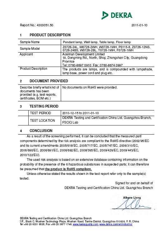 RoHS - Zhongshan Aosiman Lighting Factory