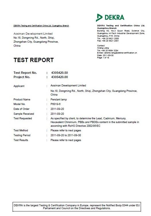 RoHS - Zhongshan Aosiman Lighting Factory