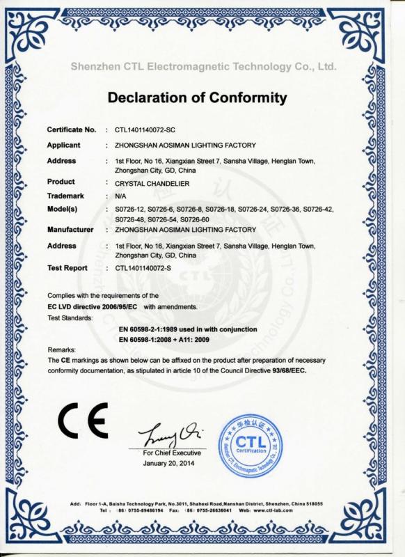 CE - Zhongshan Aosiman Lighting Factory