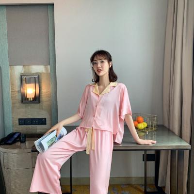 China QUICK DRY cardigan spring and summer leisure belt turned color patchwork short sleeves pants ice silk home robe ladies pajamas for sale