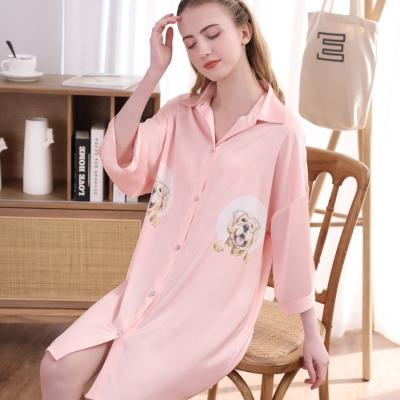 China Spring and summer QUICK DRY silk pajamas with dog print design lapel cardigan with half sleeve pink and blue ladies home wear for sale