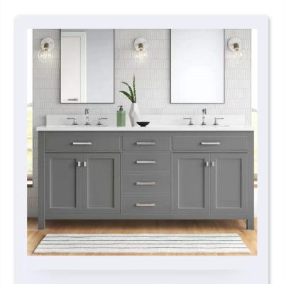 China Modern Luxury Vanity Waterproof Gray Color Hotel Bathroom Waterproof Solid Wood Double Sink Bathroom Cabinets for sale