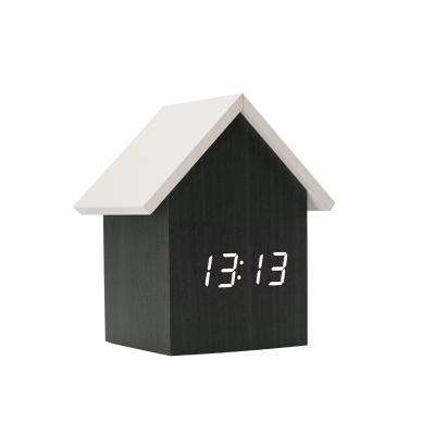 China Calendars Kids Room Black Design Digital Wooden Alarm Clock For Gift And Promotion With Logo House Roof Customized for sale