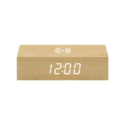 China Rectangle Mobile Phone Qi Modern Wireless Charger Clock Wooden Digital Alarm Clock Rectangle Charging Table for sale