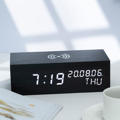 China Files Wireless Phone Speaker Digital Wooden Charging Alarm Clock With Calendar Display For Living Room for sale