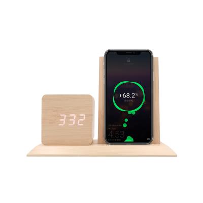 China Class Creative Design Triple Alarm Wireless Charging Clock Led Thermometer Wooden Alarm Clock Wireless Charger for sale