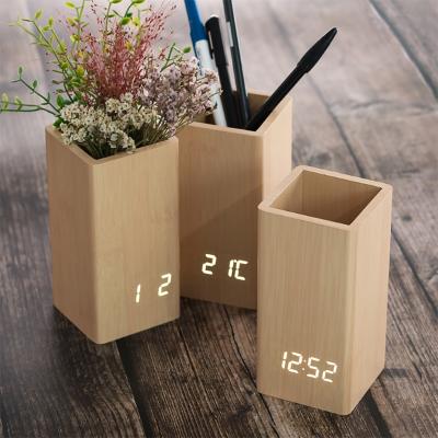 China Wholesale Calendars Desk Led Digital Alarm Desk Table Vase Alarm Clock Wooden Pen Holder For Office Home Decoration for sale