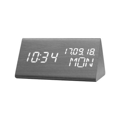 China Sizes Promotional Wooden Calendar Triangle LED Digital Alarm Clock With Indoor Temperature for sale