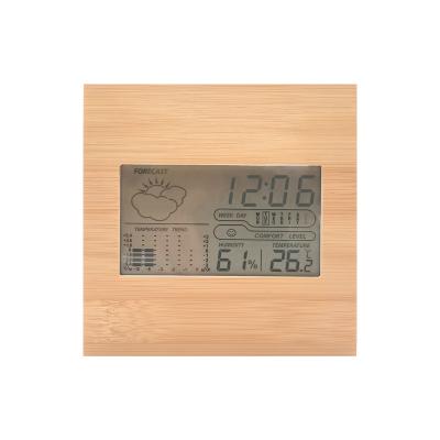 China Calendars Customized Clock Bamboo Weather Station With Temperature Humidity Display Digital Alarm Clock for sale