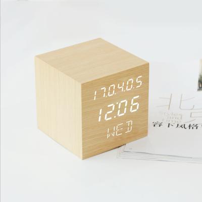 China Adjustable Calendars Brightness Clock Cube LED Display Solid Wood Digital Alarm Clock With Temperature for sale