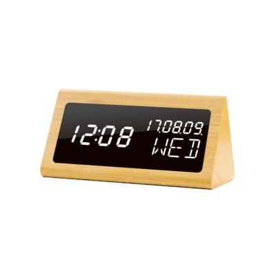 China Files Single Mirror Digital Triangular Bamboo Alarm Clock With Smart Sound Control Calendar Wooden Clock For Home Decor for sale