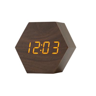 China Class 2020 Creative For Home Office Hexagon Brown Fashion Decoration Digital Wood Color Alarm Clocks for sale