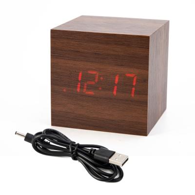 China Calendars Cheap Customized Wooden Logo Cube Multifunctional Digital LED Alarm Clock With Temperature Calendar Display for sale