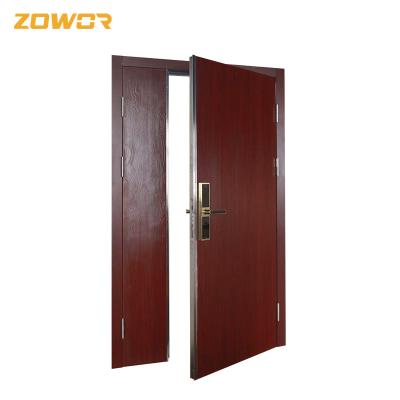 China Single Leaf Red Powder Coated Steel Fire Exit Doors With Glass Flame Retardant for sale