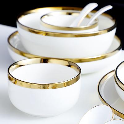 China Wholesale Stocked Nirdic Style High Quality White Gold Ceramic Bowl Modern Dinner Set Edge for sale