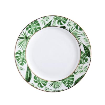 China New Tropical Plant Series Bone China Tableware Hand Painted Gold Rim Luxury Serving Stocked Ceramic Dish for sale