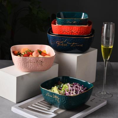 China Nordic style pink green alphabet gold stamping ice cream stocked red green blue ceramic fruit bowl for sale